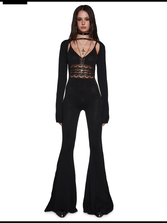 Killstar Pants - KillstarXS Black Lace-Inset Flared Knit Jumpsuit